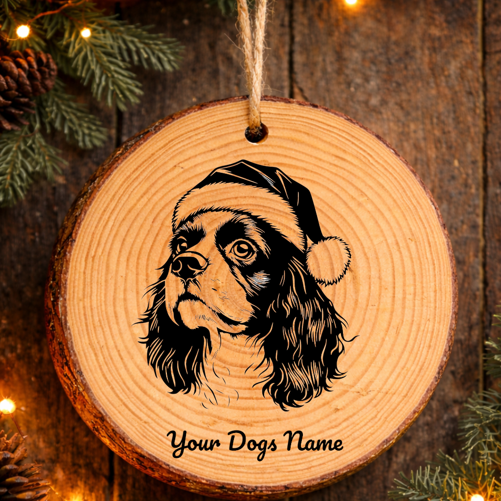 King Charles Spaniel Santa Hat Dog Rustic Pine Christmas Ornament