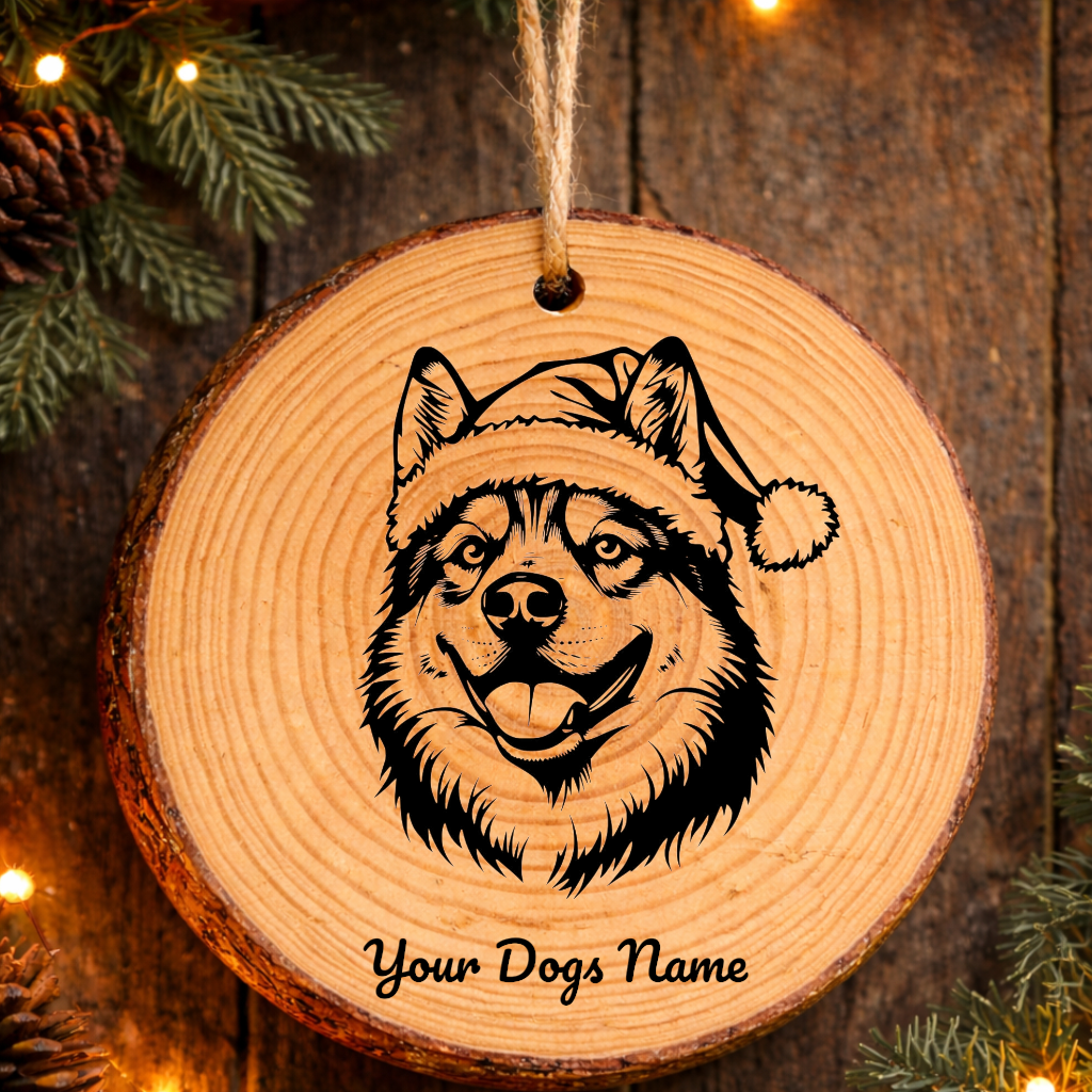 Kishu Ken Santa Hat Dog Rustic Pine Christmas Ornament