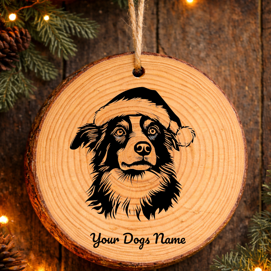 Miniature American Shepherd Santa Hat Dog Rustic Pine Christmas Ornament