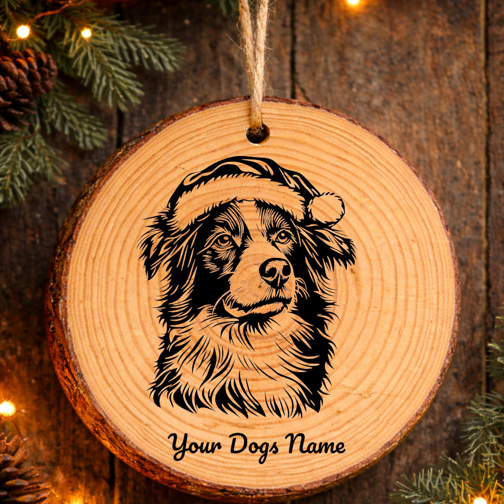 Miniature American Shepherd Santa Hat Dog Rustic Pine Christmas Ornament