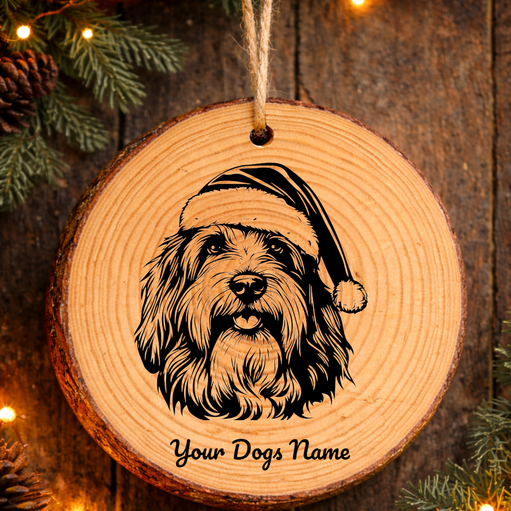 Old English Sheepdog Santa Hat Rustic Pine Christmas Ornament