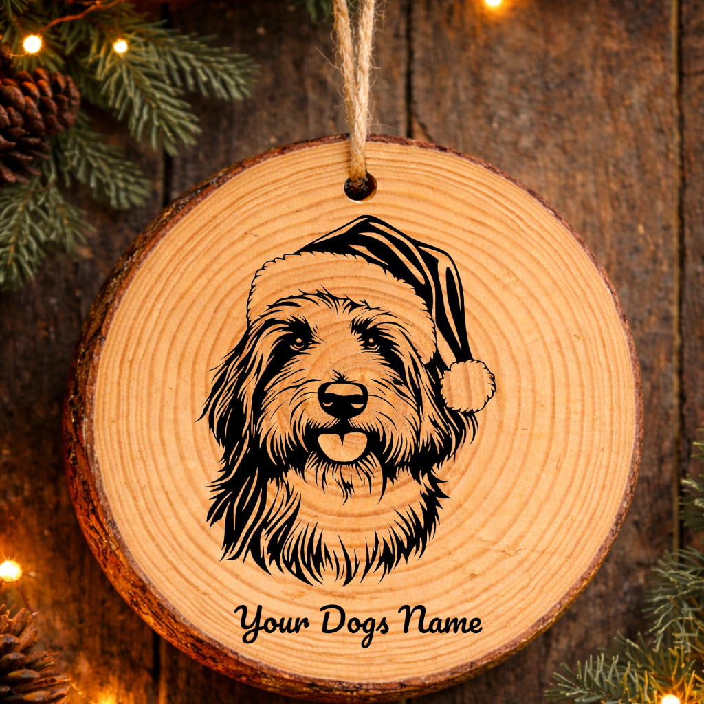 Old English Sheepdog Santa Hat Rustic Pine Christmas Ornament