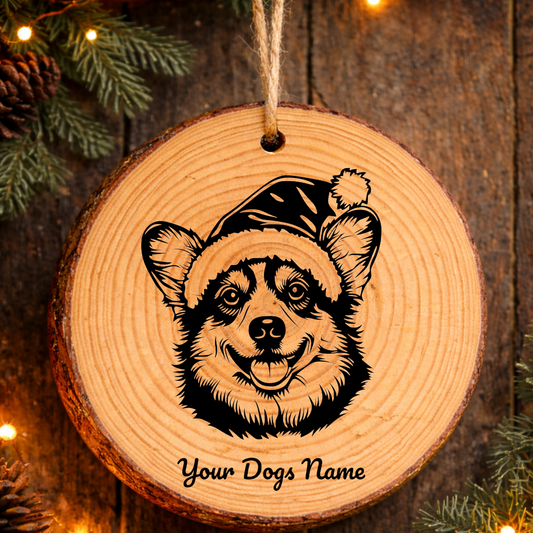 Pembroke Welsh Corgi Santa Hat Dog Rustic Pine Christmas Ornament