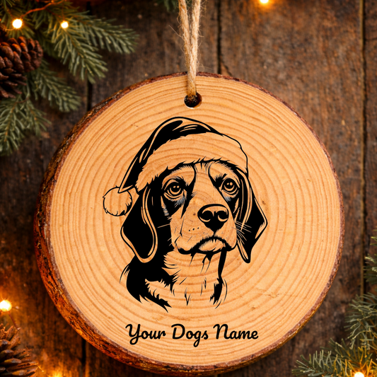 Pocket Beagle Santa Hat Dog Rustic Pine Christmas Ornament