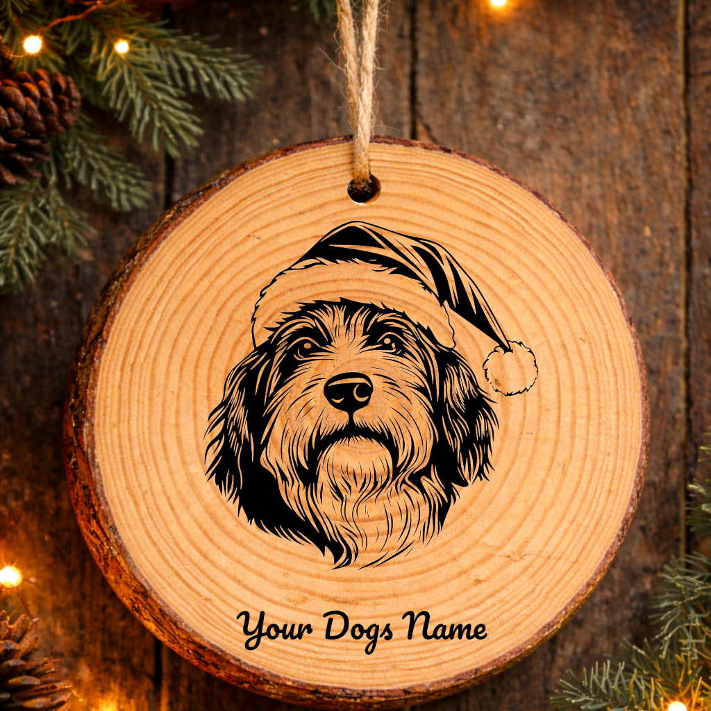 Polish Lowland Sheepdog Santa Hat Rustic Pine Christmas Ornament