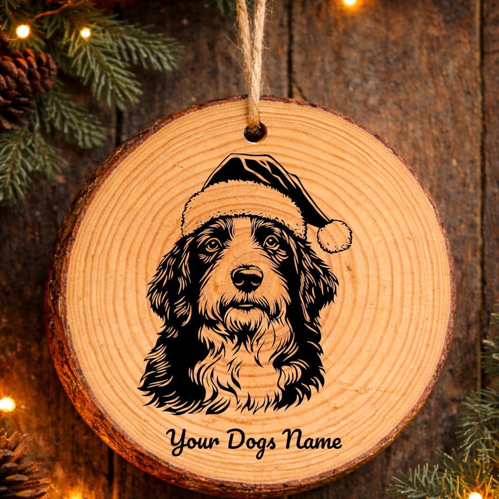 Polish Lowland Sheepdog Santa Hat Rustic Pine Christmas Ornament