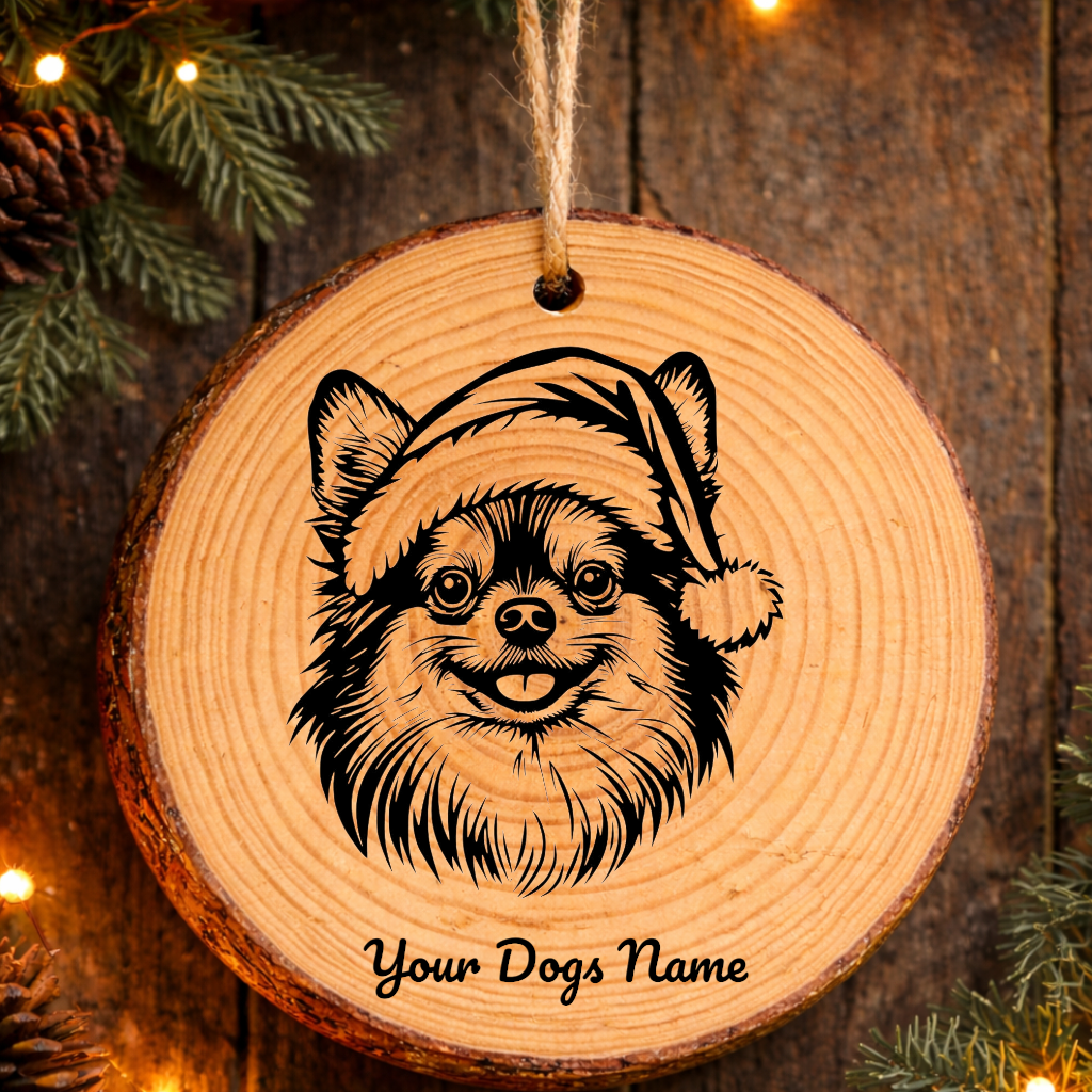 Pomeranian Santa Hat Dog Rustic Pine Christmas Ornament