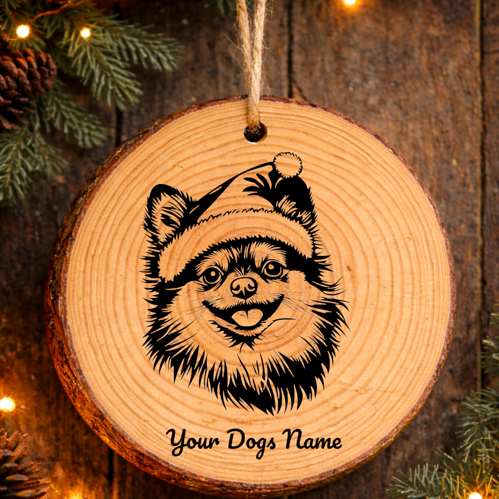 Pomeranian Santa Hat Dog Rustic Pine Christmas Ornament