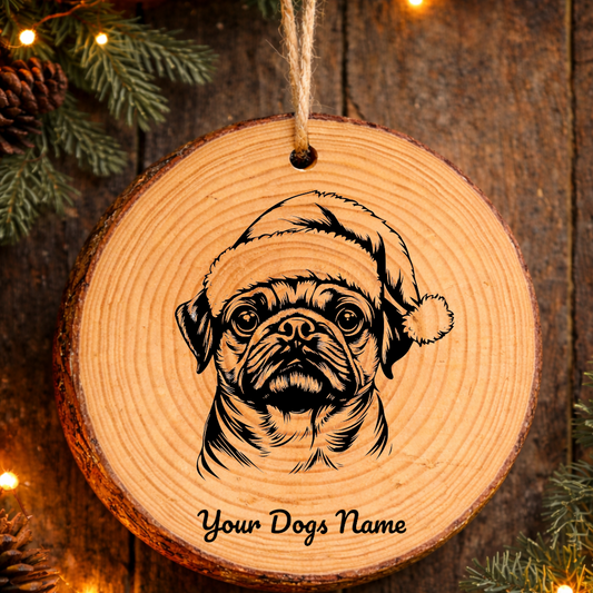 Pug Santa Hat Dog Rustic Pine Christmas Ornament