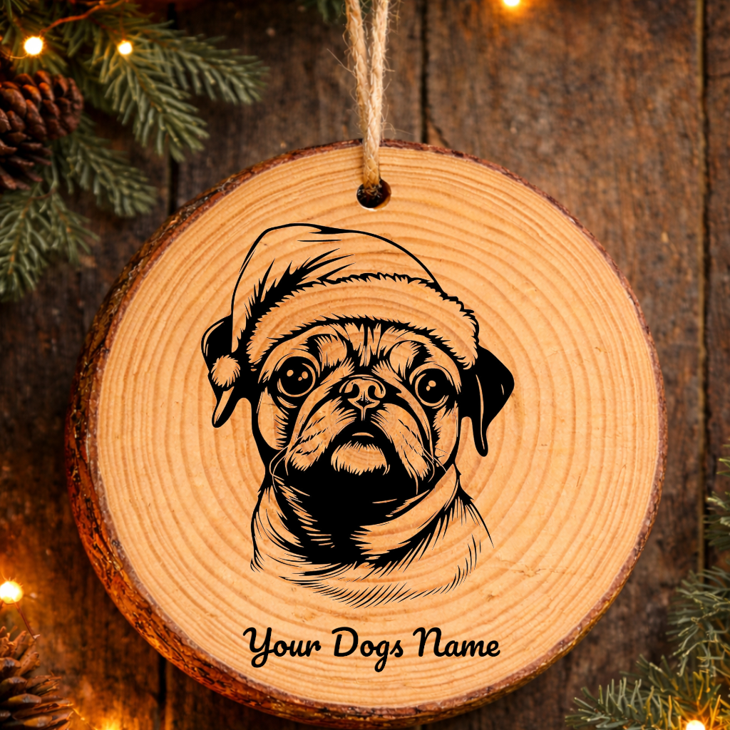 Pug Santa Hat Dog Rustic Pine Christmas Ornament