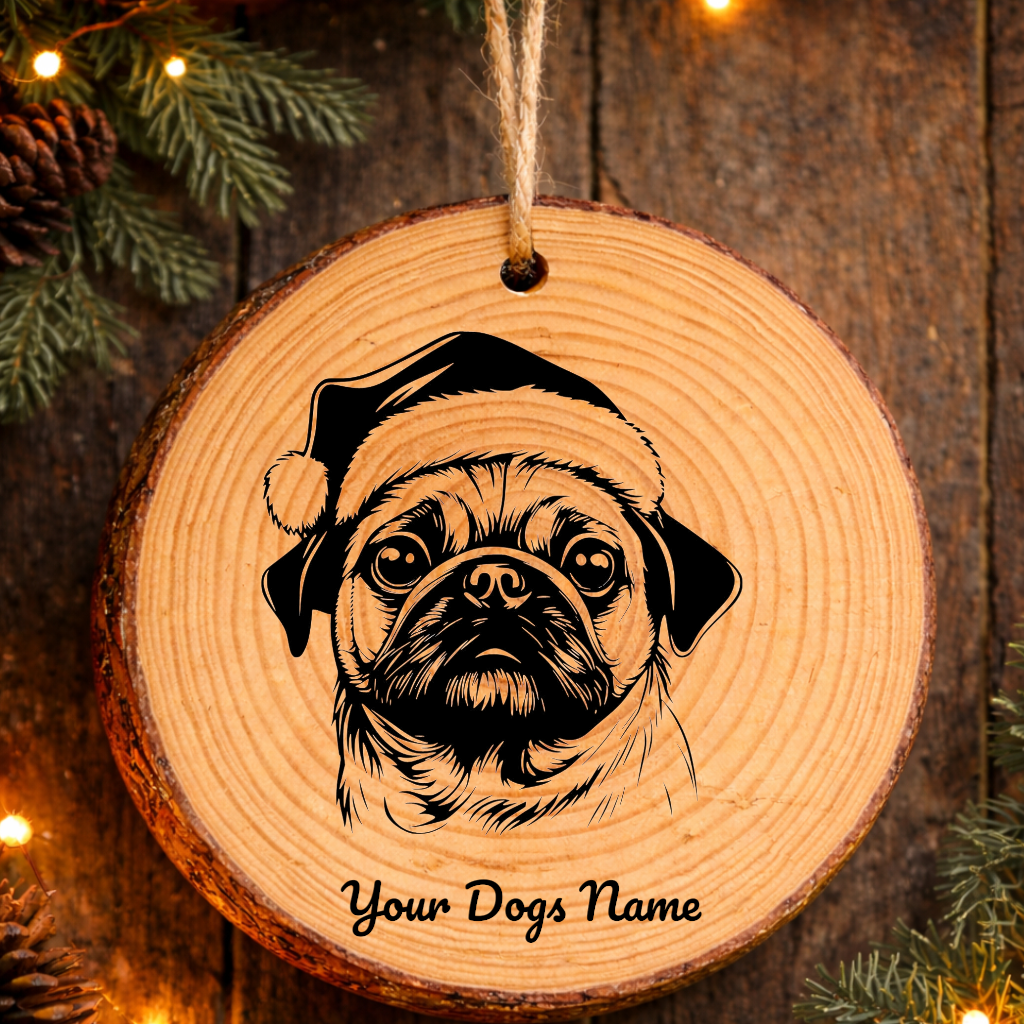 Pug Santa Hat Dog Rustic Pine Christmas Ornament