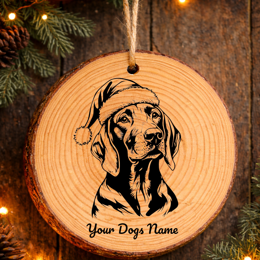 Redbone Coonhound Santa Hat Dog Rustic Pine Christmas Ornament