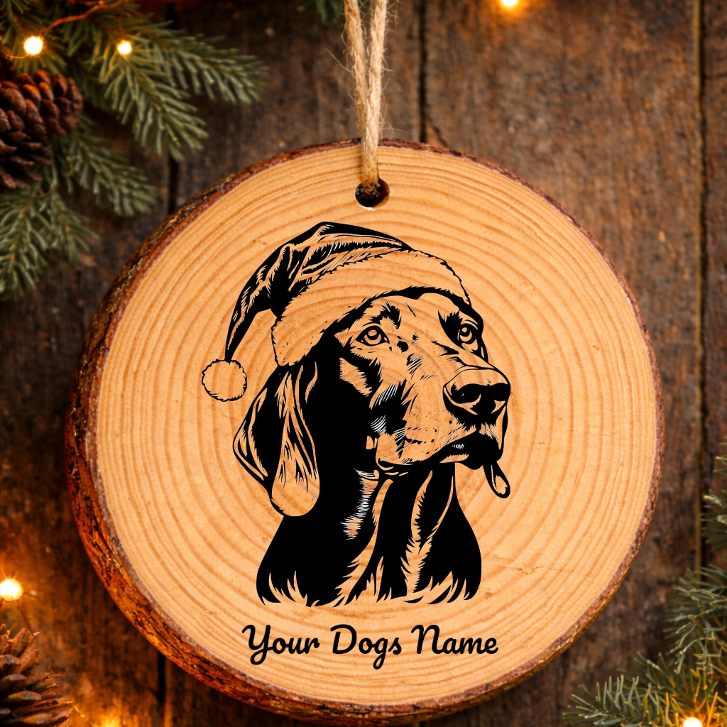 Redbone Coonhound Santa Hat Dog Rustic Pine Christmas Ornament