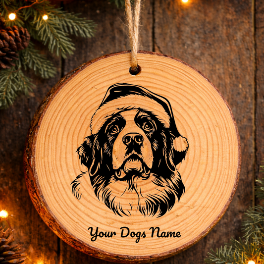 Saint Bernard Santa Hat Dog Rustic Pine Christmas Ornament
