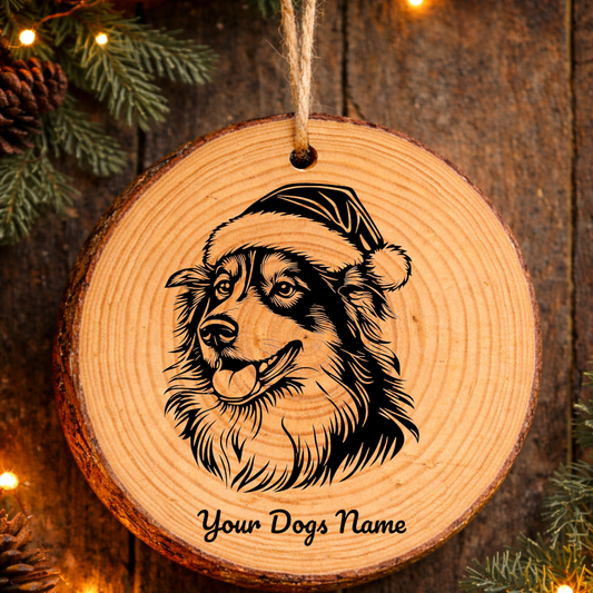 Shetland Sheepdog Santa Hat Rustic Pine Christmas Ornament