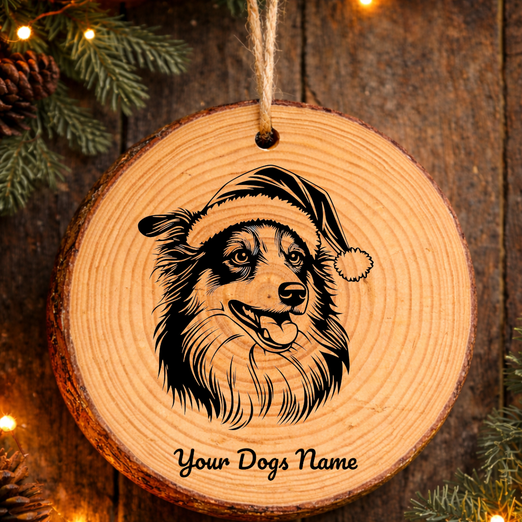 Shetland Sheepdog Santa Hat Rustic Pine Christmas Ornament