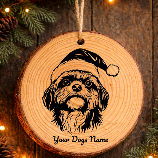 Shih Tzu Santa Hat Dog Rustic Pine Christmas Ornament