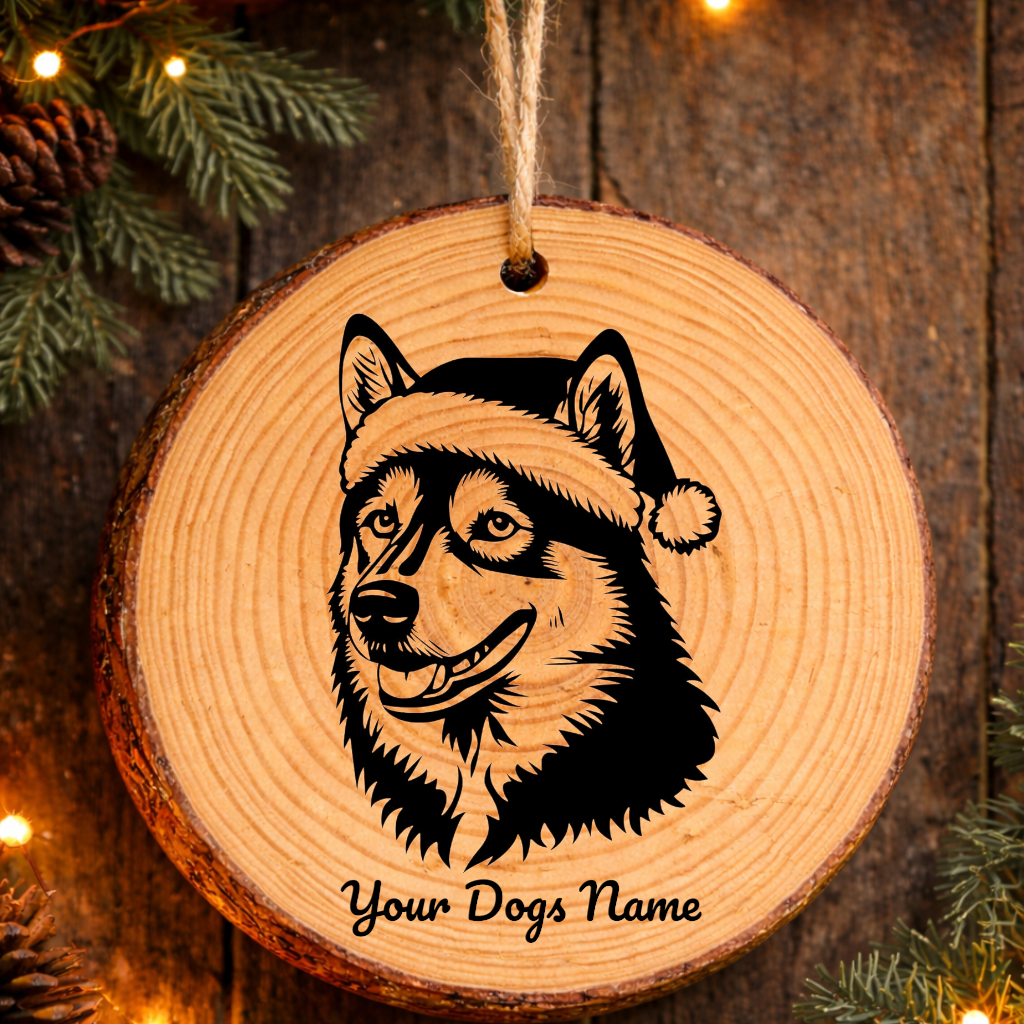 Siberian Husky Santa Hat Dog Rustic Pine Christmas Ornament