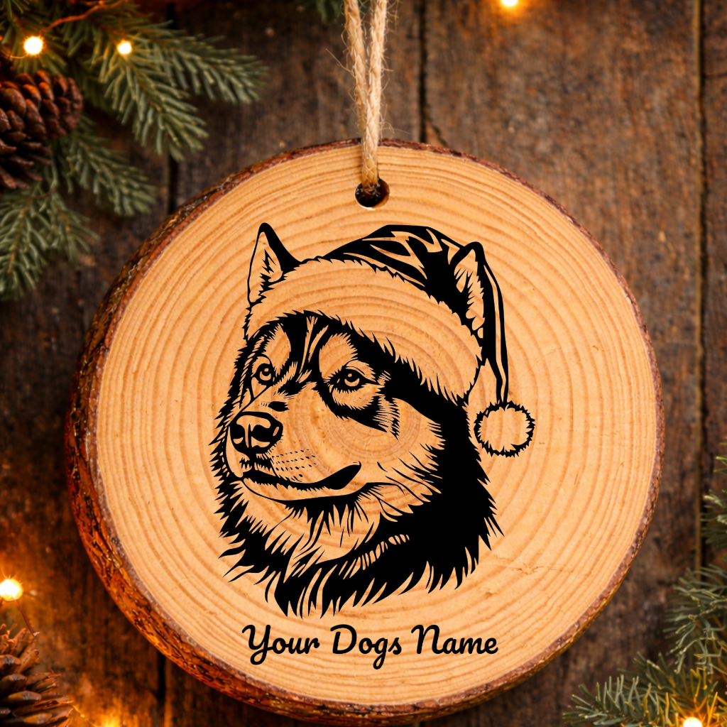 Siberian Husky Santa Hat Dog Rustic Pine Christmas Ornament