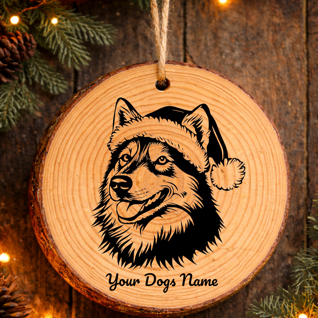 Siberian Husky Santa Hat Dog Rustic Pine Christmas Ornament