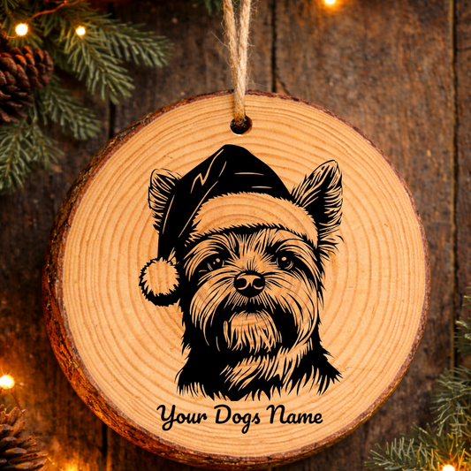 Yorkshire Terrier Santa Hat Dog Rustic Pine Christmas Ornament