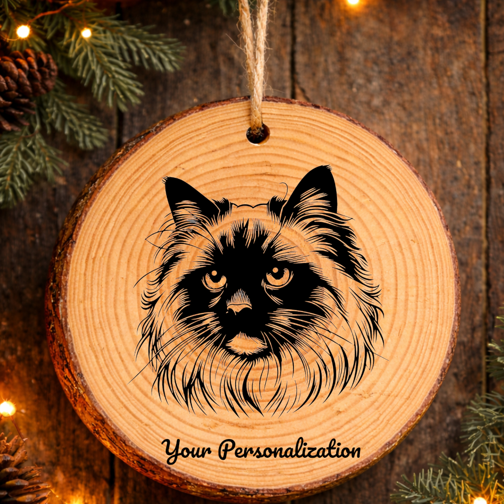 Siamese Longhair Cat Rustic Pine Wooden Round Ornament