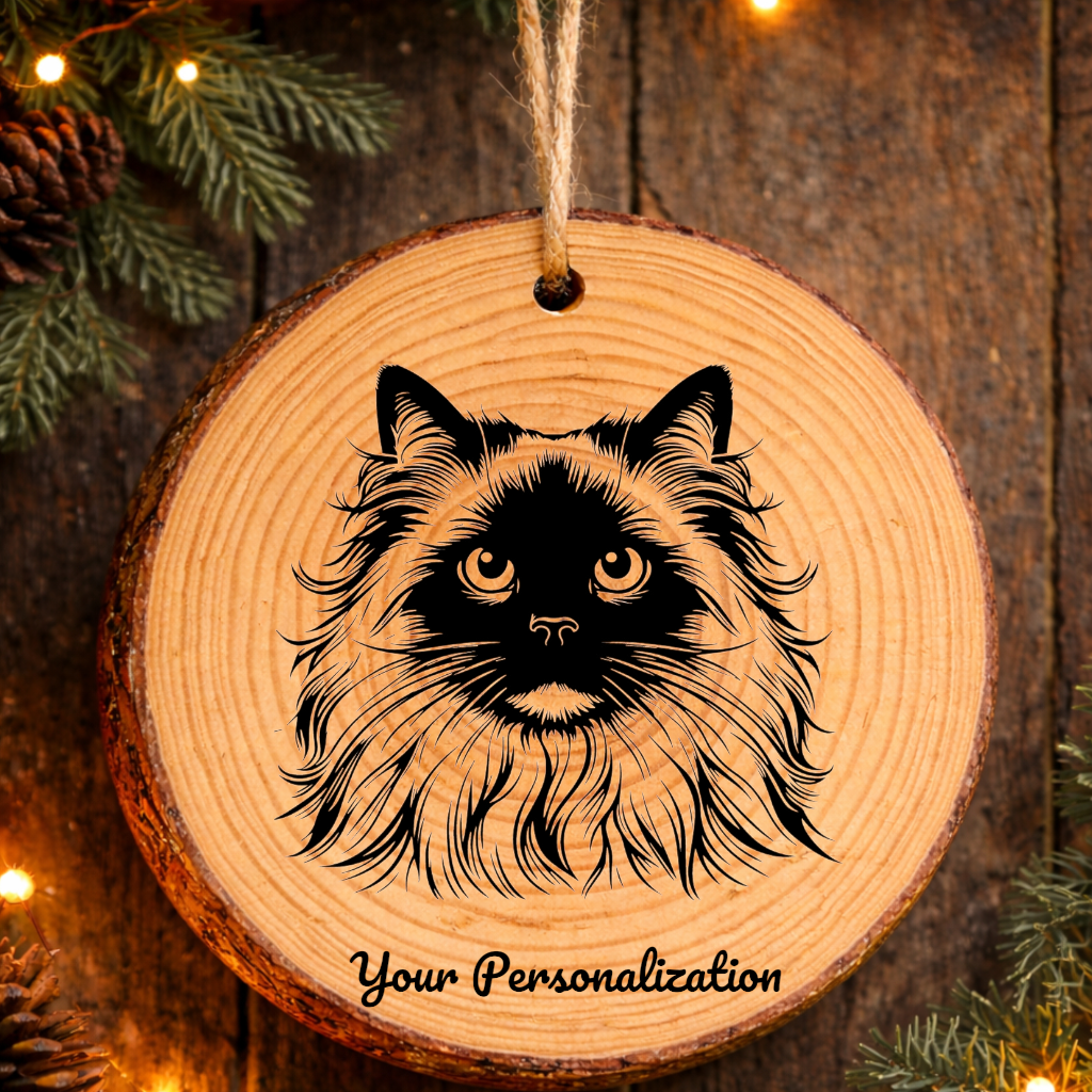 Siamese Longhair Cat Rustic Pine Wooden Round Ornament