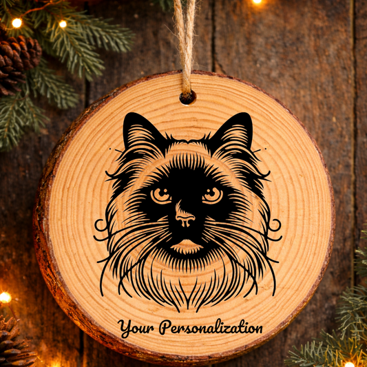 Siamese Longhair Cat Rustic Pine Wooden Round Ornament