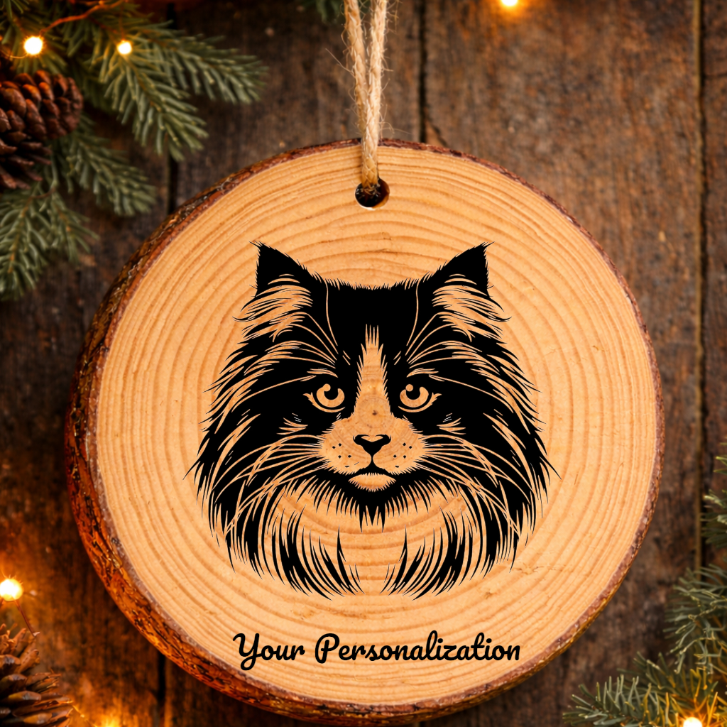 Snowshoe Longhair Cat Rustic Pine Wooden Round Ornament