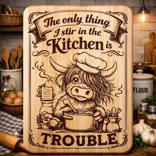 “The Only Thing I Stir in My Kitchen is Trouble” Engraved Kitchen Board (Cow)