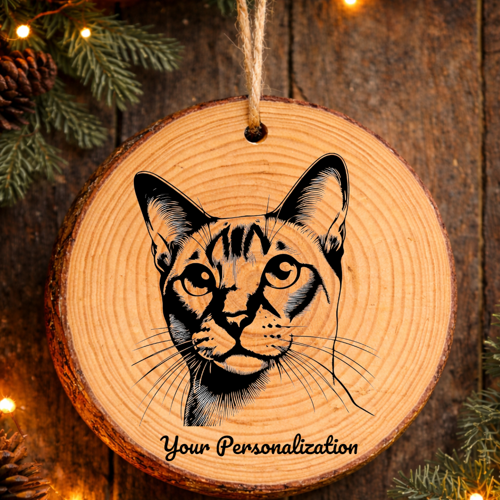 Thai Cat Rustic Pine Wooden Round Ornament