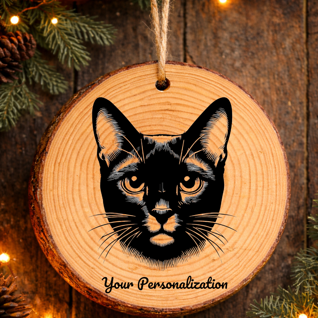 Thai Cat Rustic Pine Wooden Round Ornament