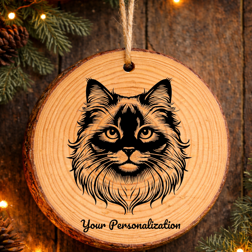 Thai Longhair Cat Rustic Pine Wooden Round Ornament