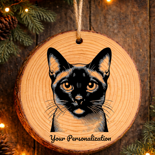 Thai Cat Rustic Pine Wooden Round Ornament