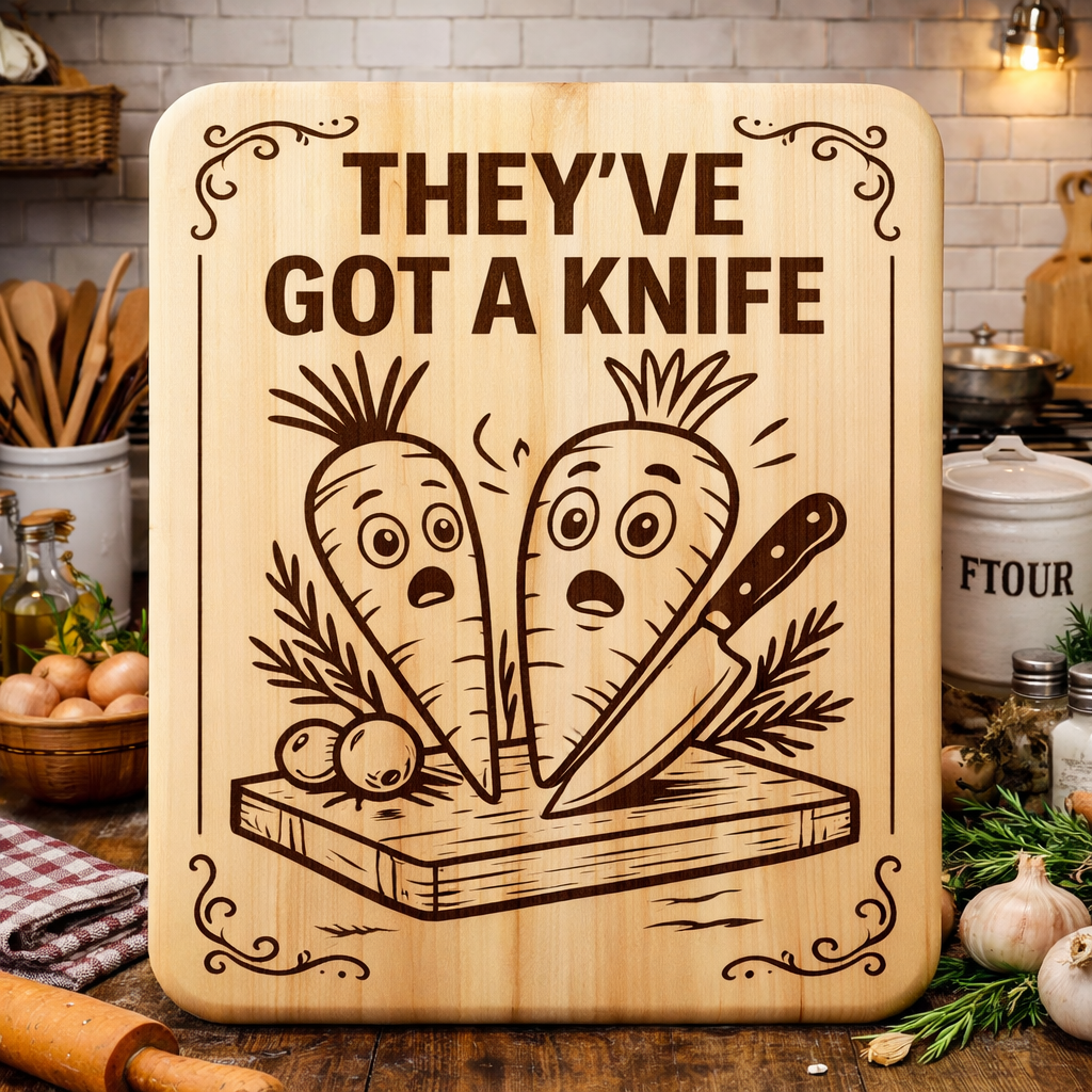 “They've Got A Knife” Engraved Kitchen Board (Vegetables)