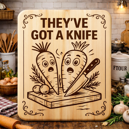 “They've Got A Knife” Engraved Kitchen Board (Vegetables)