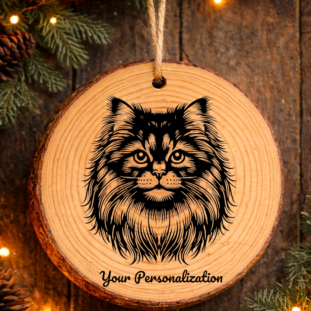Toybob Longhair Cat Rustic Pine Wooden Round Ornament