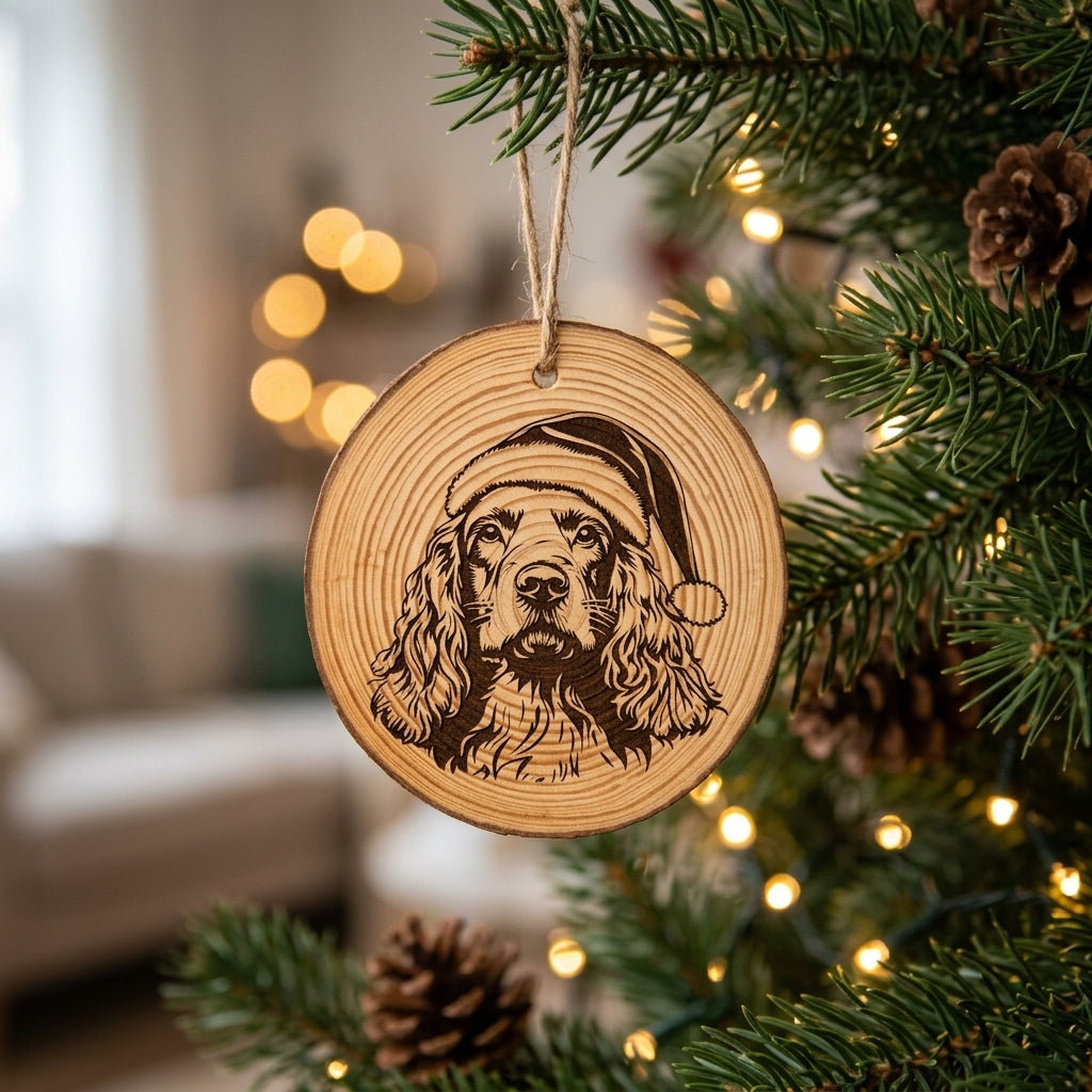 Cocker Spaniel Santa Hat Dog Rustic Pine Christmas Ornament