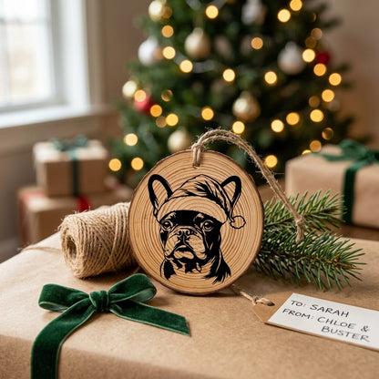 French Bulldog Santa Hat Dog Rustic Pine Christmas Ornament