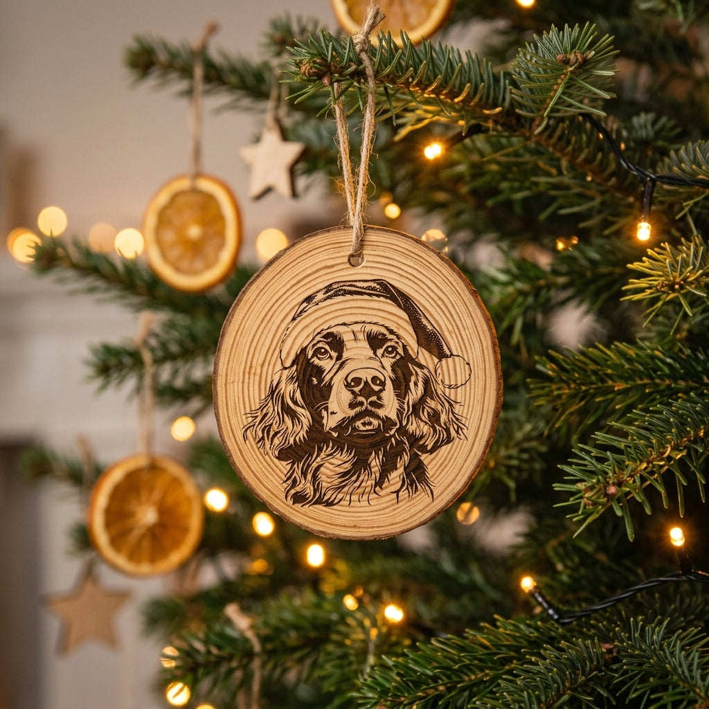 Field Spaniel Santa Hat Dog Rustic Pine Christmas Ornament