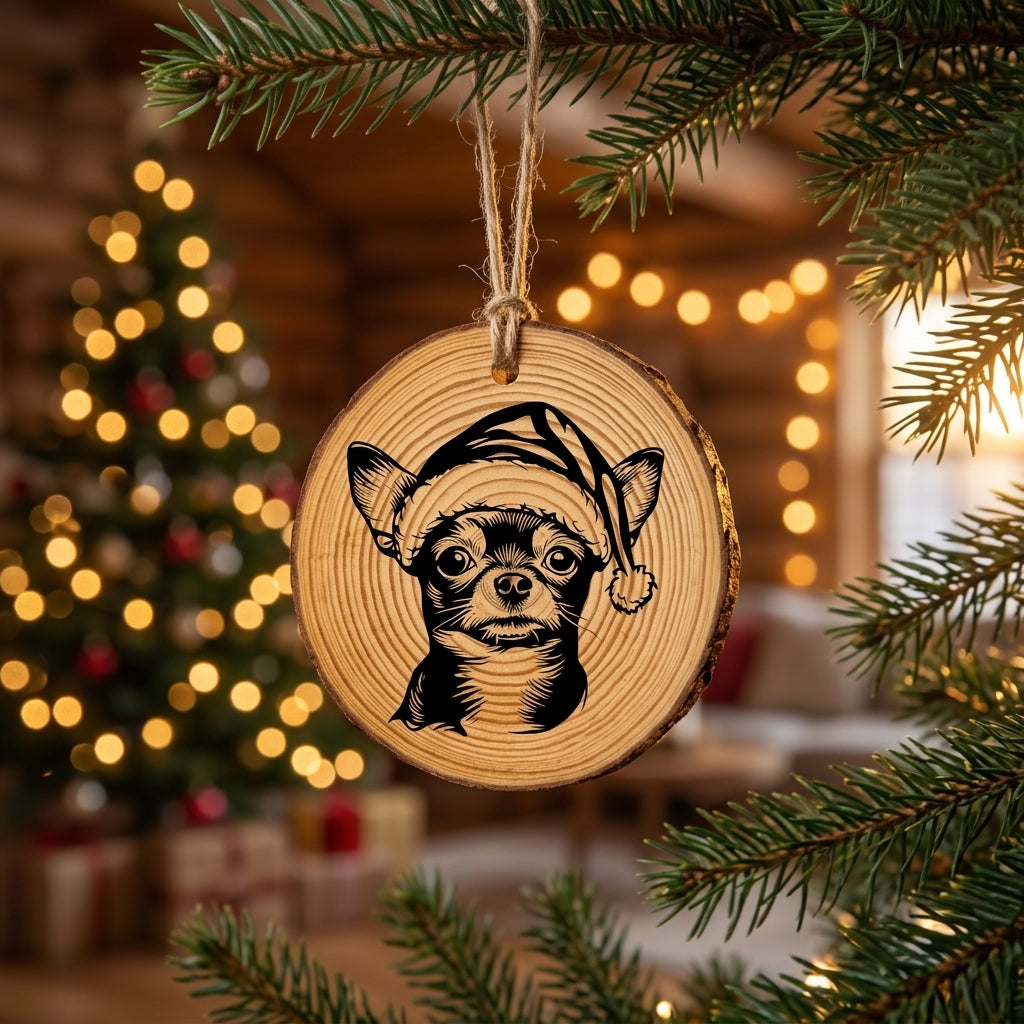 Chihuahua Santa Hat Dog Rustic Pine Christmas Ornament