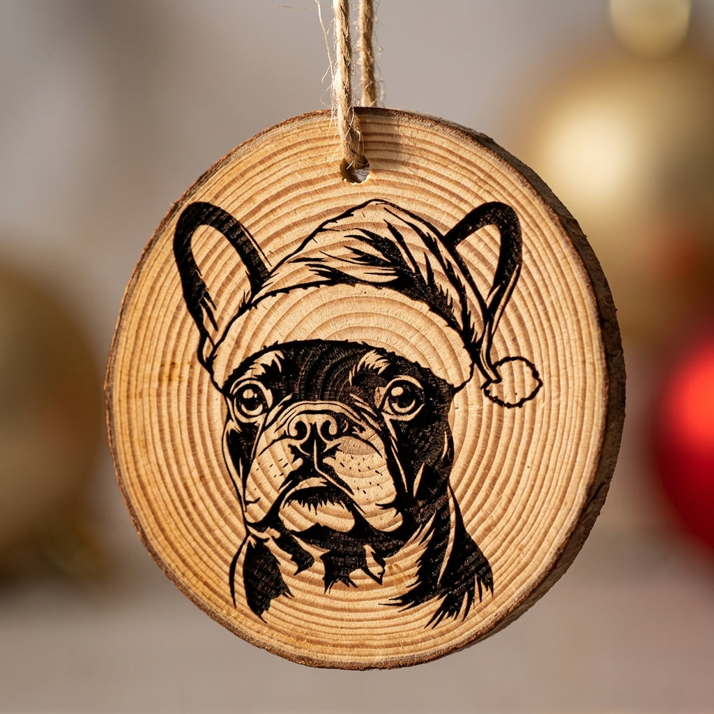 French Bulldog Santa Hat Dog Rustic Pine Christmas Ornament