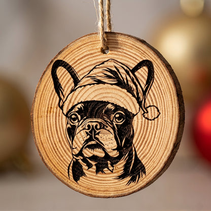 French Bulldog Santa Hat Dog Rustic Pine Christmas Ornament