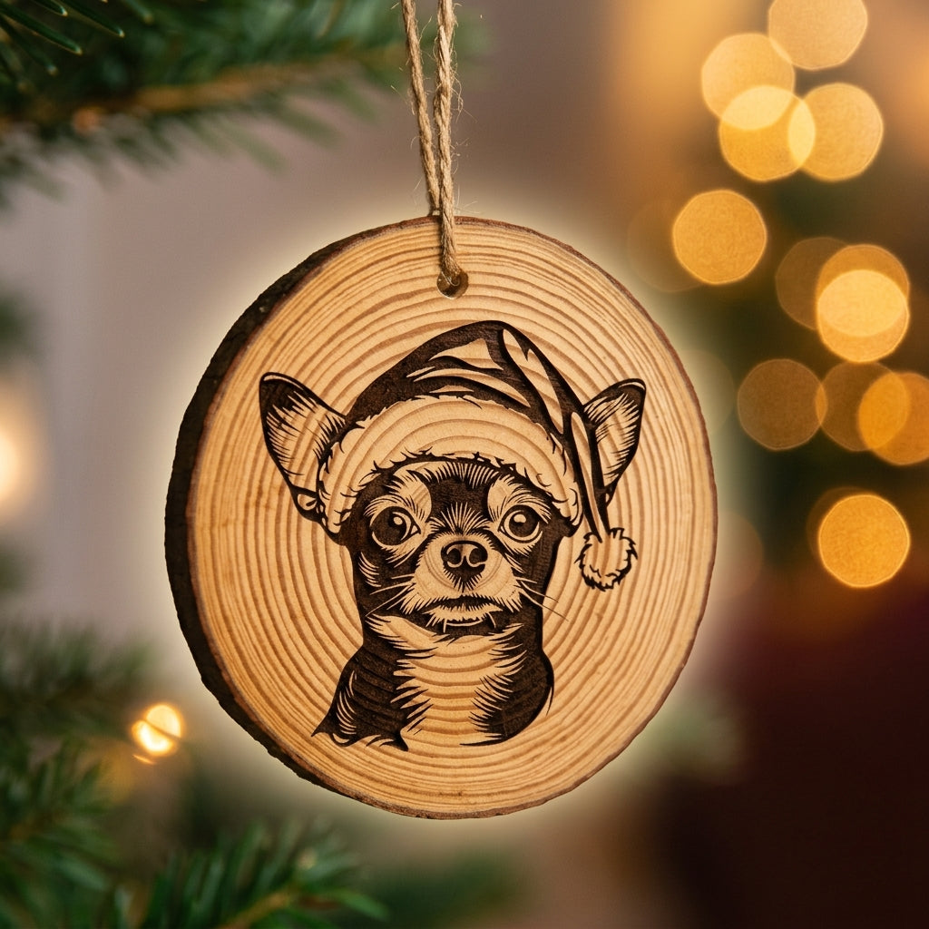 Chihuahua Santa Hat Dog Rustic Pine Christmas Ornament