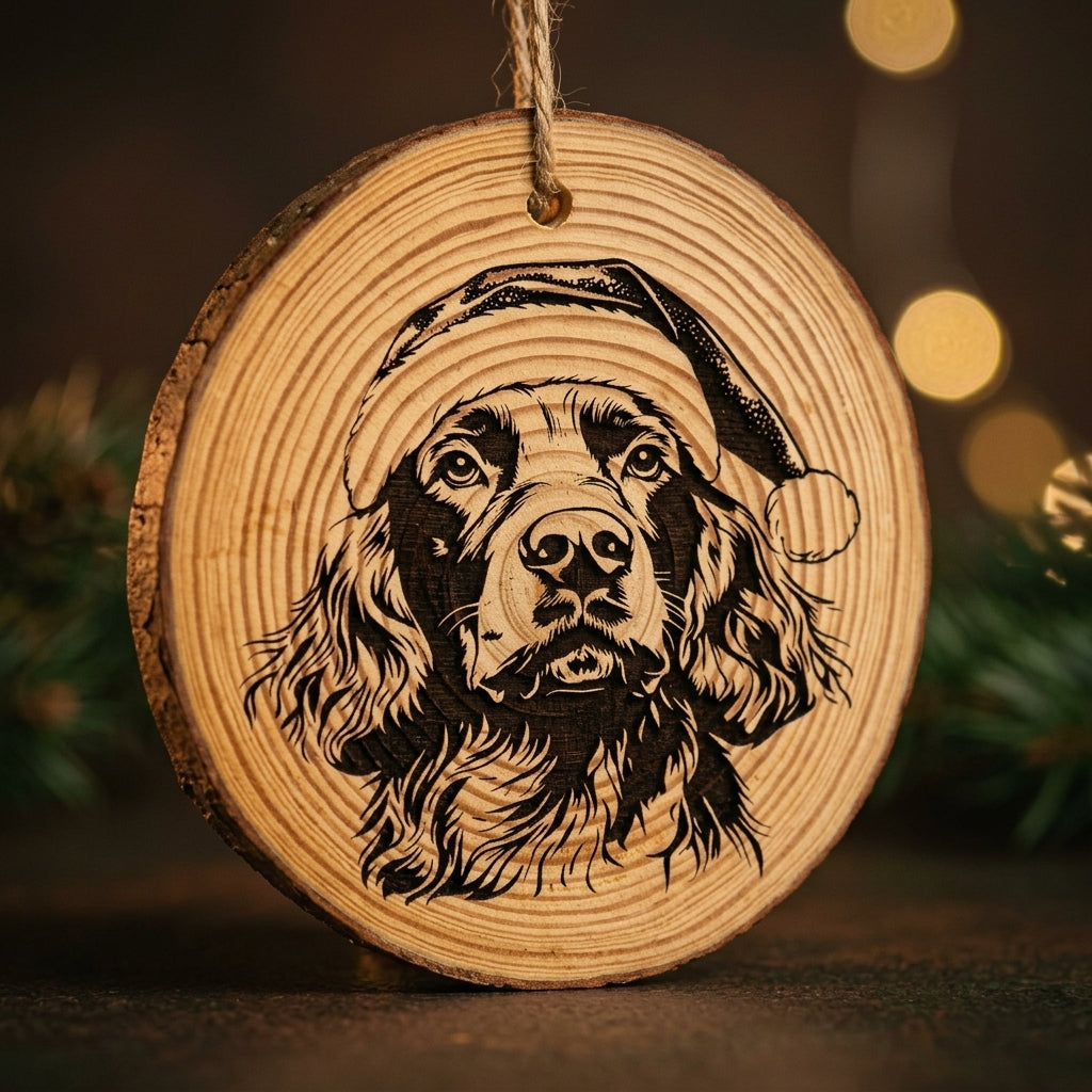 Field Spaniel Santa Hat Dog Rustic Pine Christmas Ornament