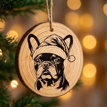 French Bulldog Santa Hat Dog Rustic Pine Christmas Ornament