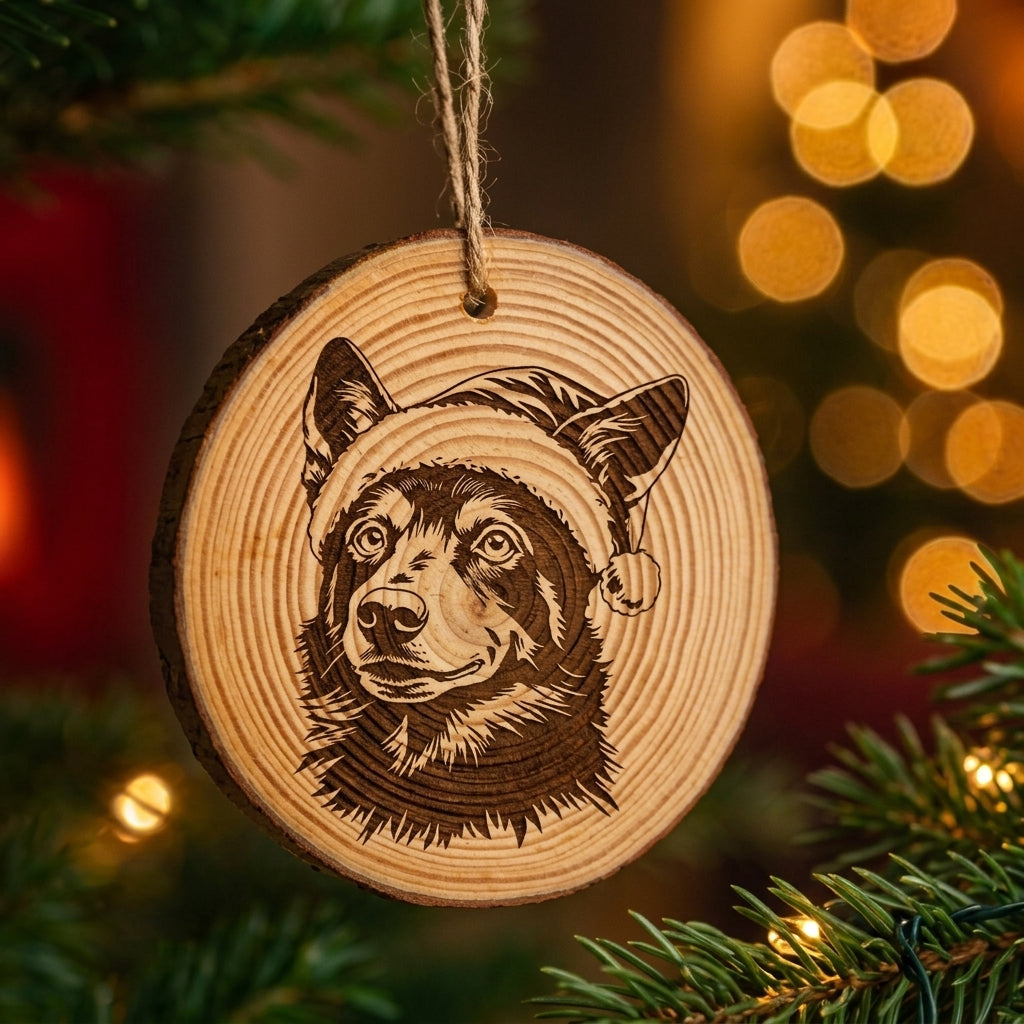 Australian Kelpie Santa Hat Dog Rustic Pine Christmas Ornament