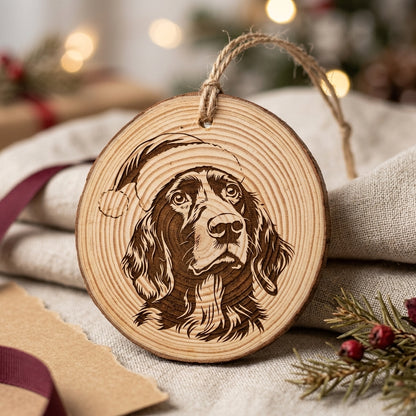 German Longhaired Pointer Santa Hat Dog Rustic Pine Christmas Ornament