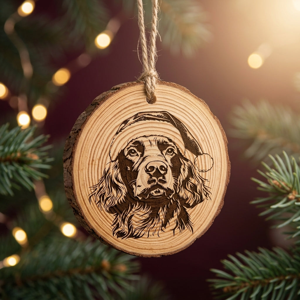 Field Spaniel Santa Hat Dog Rustic Pine Christmas Ornament
