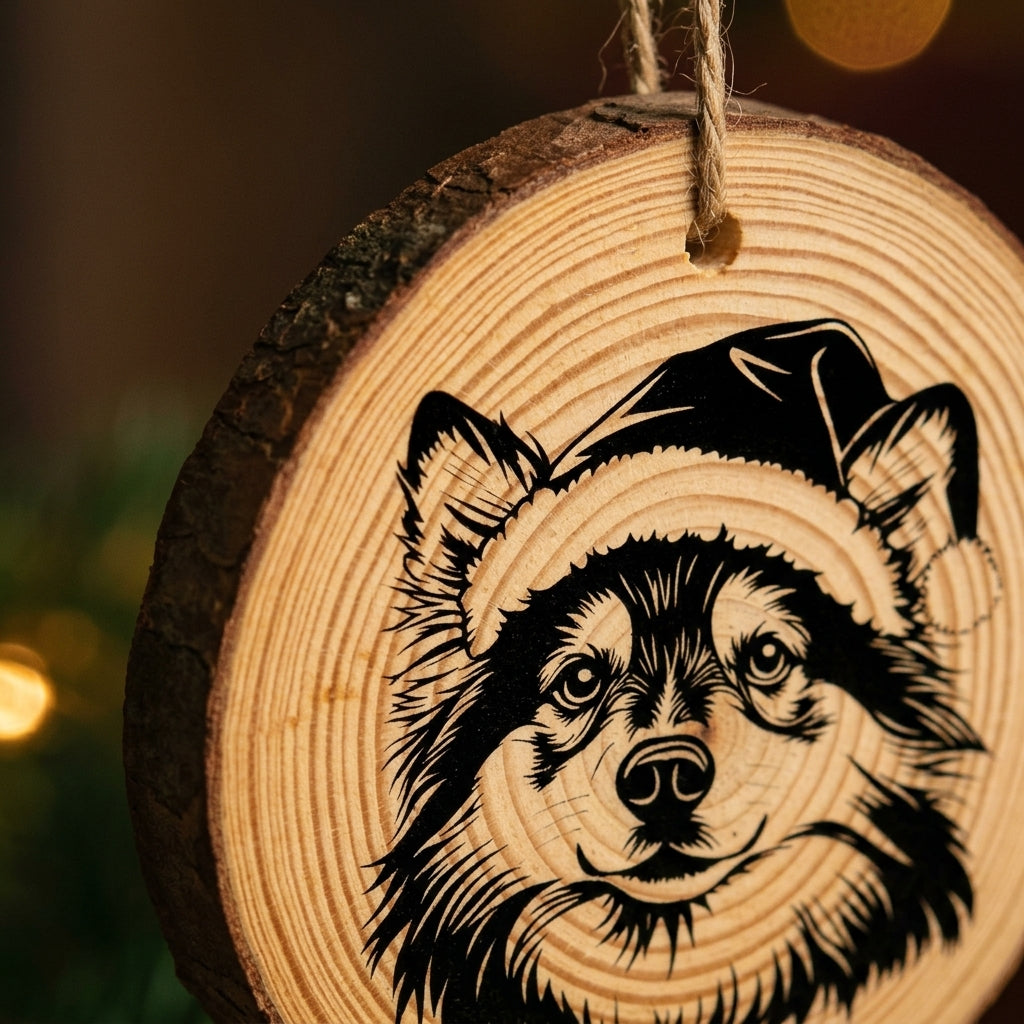 Finnish Lapphund Santa Hat Dog Rustic Pine Christmas Ornament